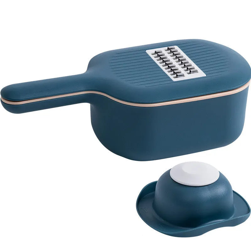 Vegetable cutter with four blades, hand protector, drain basket, bottom basin, 28.5 x 8.5cm, stainless steel and ABS
