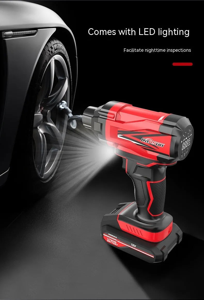 Red and black portable car air pump with digital display, 12V cable, and multiple nozzle attachments