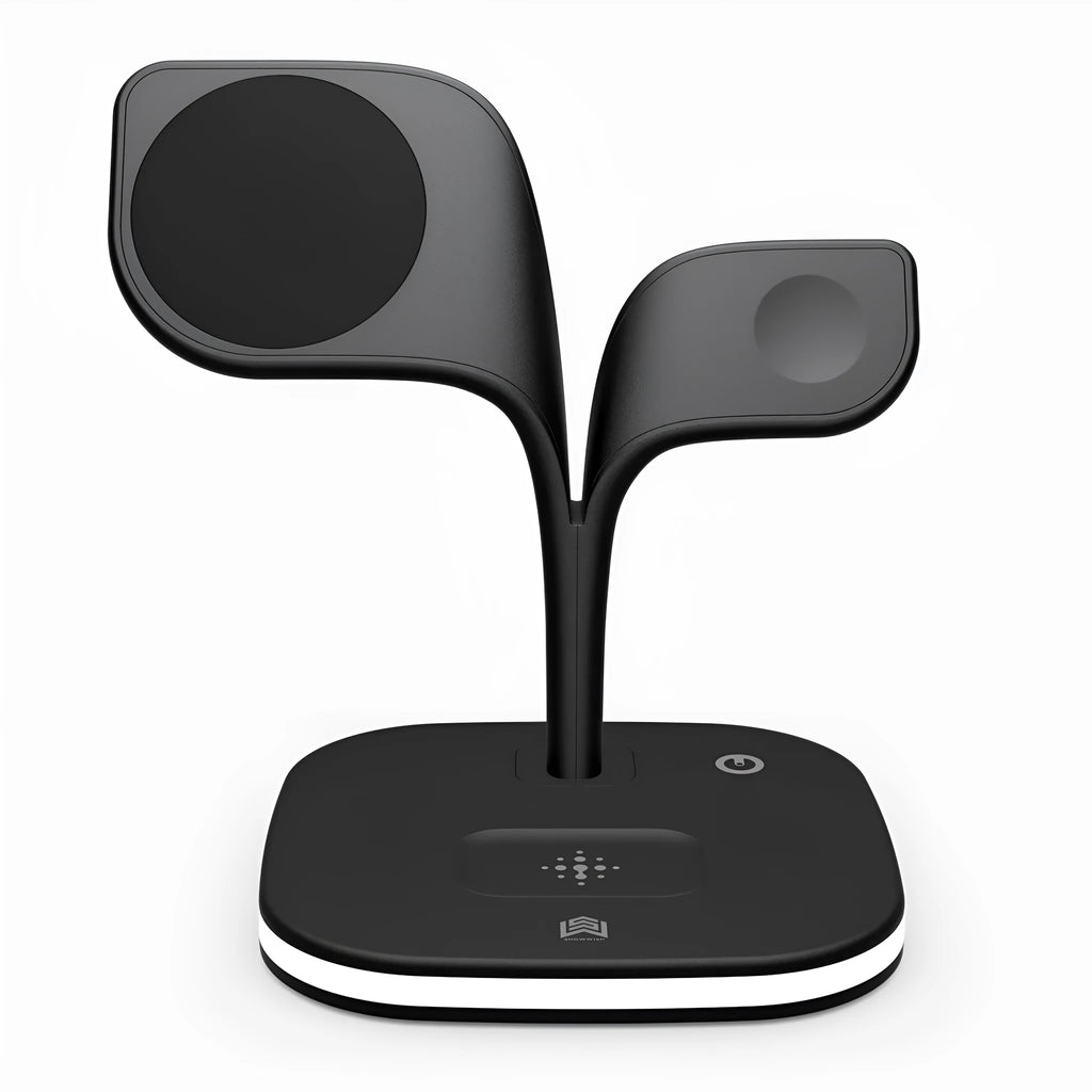 Black desktop wireless charging stand showing phone, watch and headphone charging simultaneously