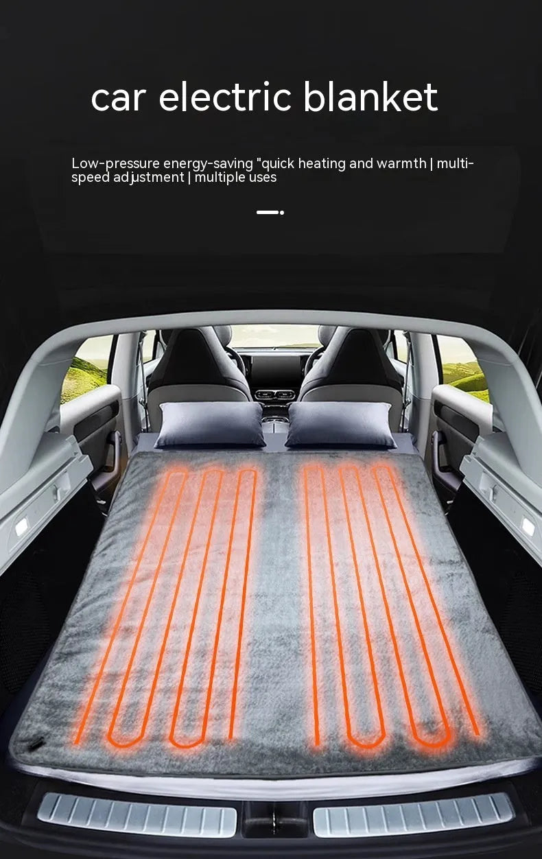 Grey 12V car electric blanket with cigarette lighter plug and temperature control, shown in single and double size options