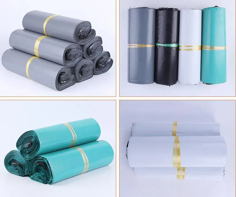 Bundle of 100 white PE courier bags with adhesive sealing strip, showing size options.