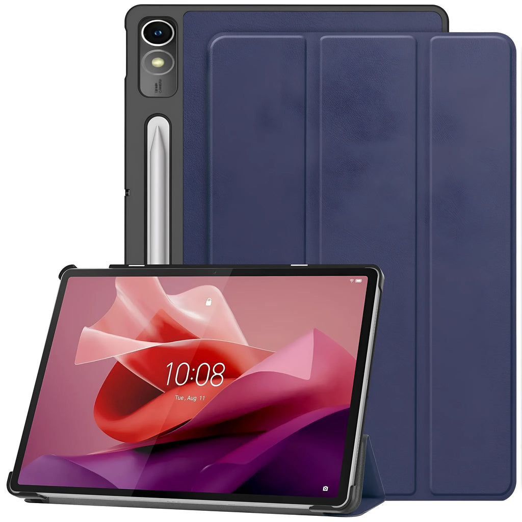 Lenovo Tab P12 tablet case with kickstand open showing galaxy print design