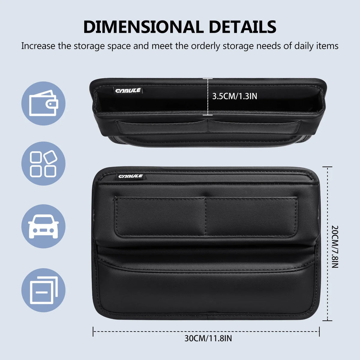Black PU leather car seat gap storage box with sponge filling, filling seat gap, cable hole for charging, universal fit.