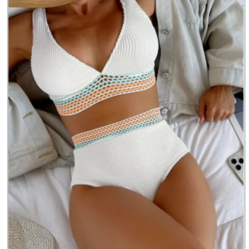 High waist solid colour bikini swimsuit in nylon, shown in pink or white.
