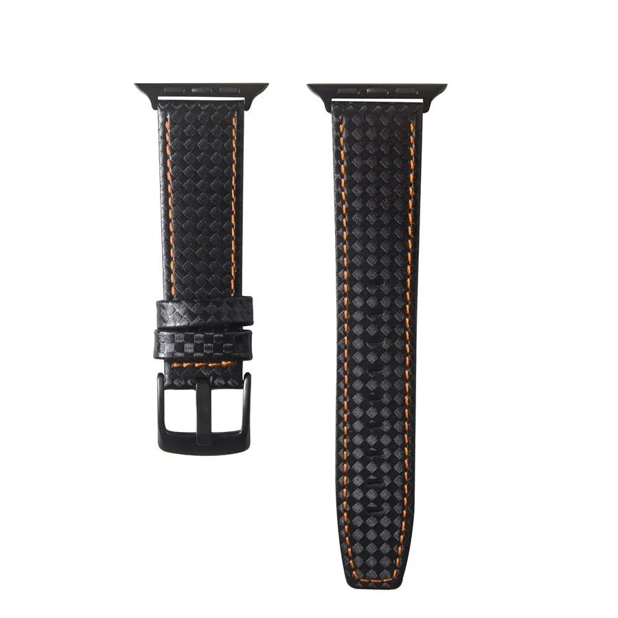 Carbon fibre and leather strap for iPhone watch with PC hard case in black, blue, orange, and red colour options.