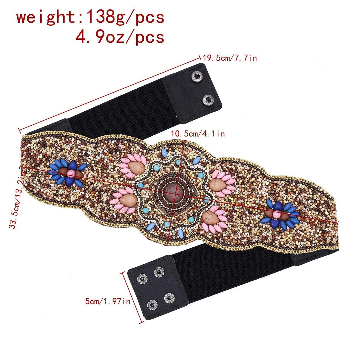 Beaded imitation turquoise elastic waistband belt in faux leather with stitching, ethnic style, single loop, 115cm
