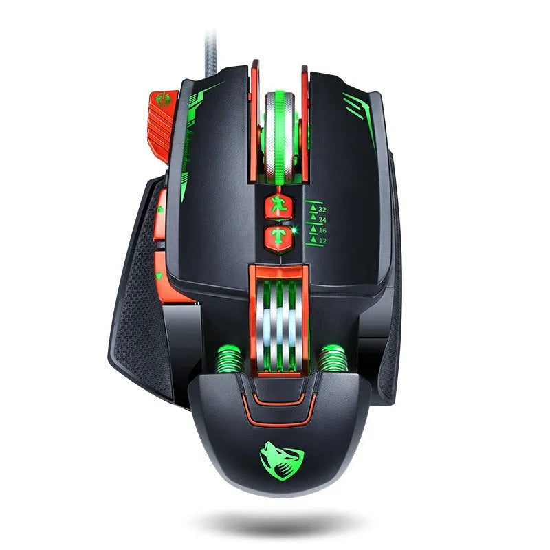 Thunder Wolf V9 black wired gaming mouse with ergonomic shape and 6 keys on a desk