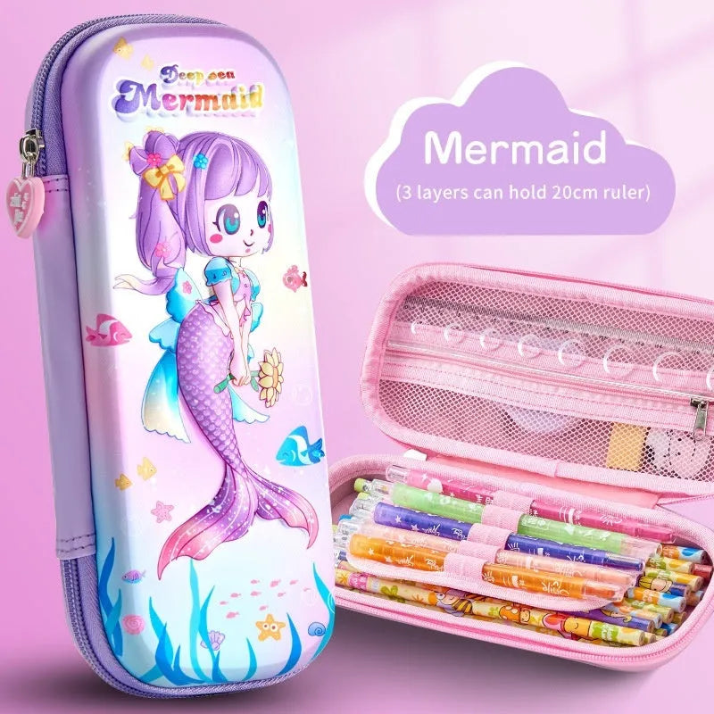 3D leather pencil case showing multiple design options including space, fantasy and animal themes