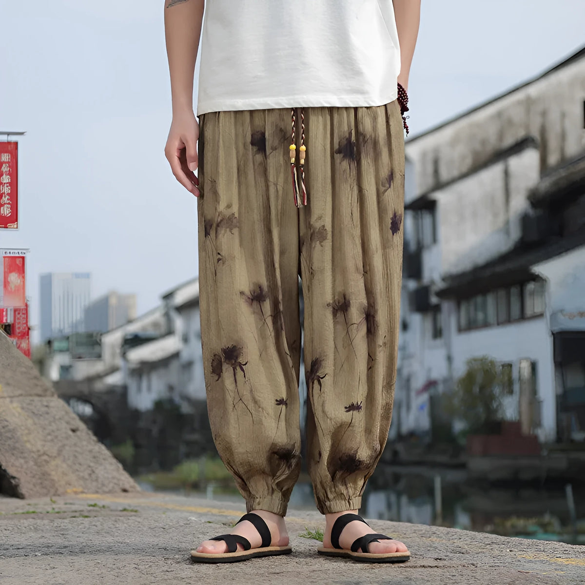 Men's khaki polyester casual trousers, thin breathable full-length summer pants, sizes M to 5XL