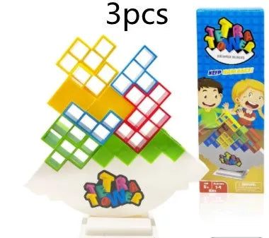 Plastic balance stacking game with 16 colourful blocks and chassis for family play