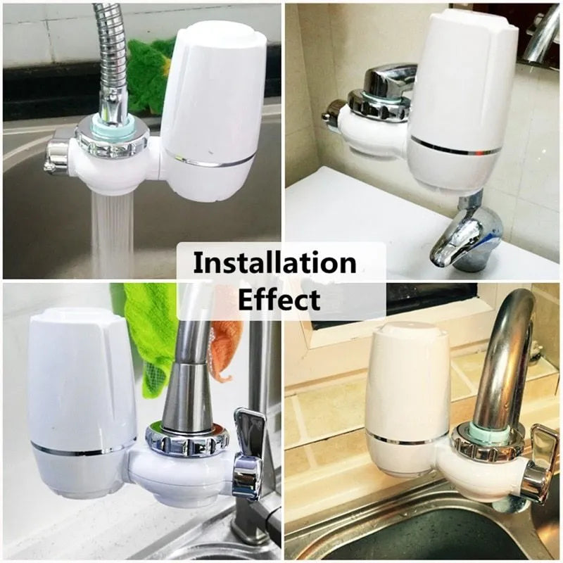 White plastic faucet water filter with ceramic cartridge and universal adapter for kitchen tap