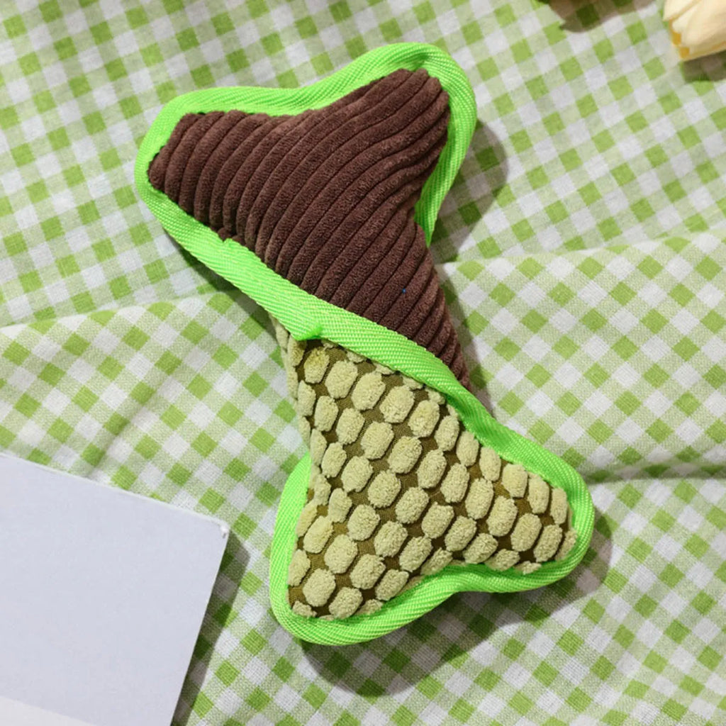 Blue teddy dog toy with a bone model and corn fleece lining for bite-resistant play.
