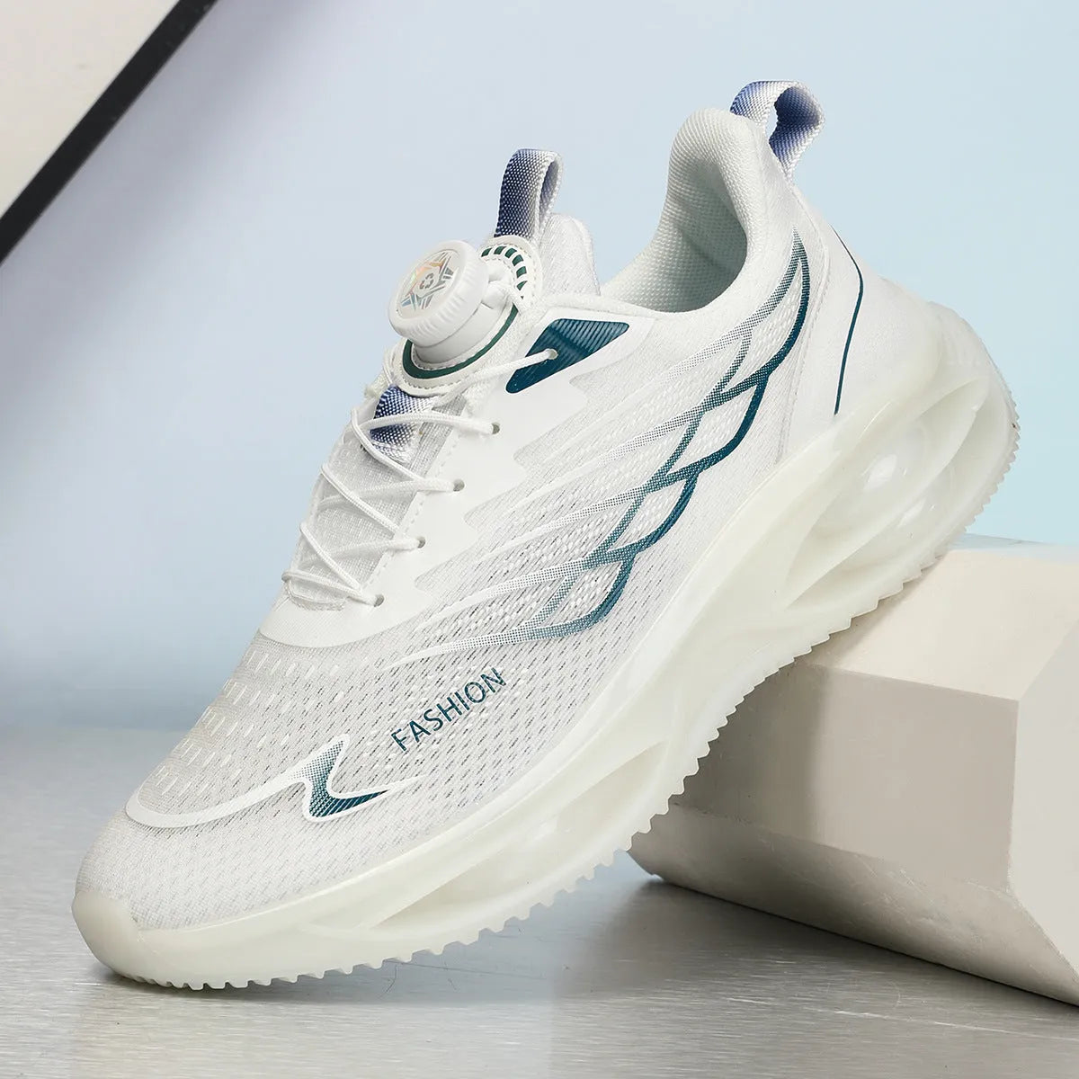 Low-top breathable running shoes in black gold, sky blue, and white colours with a rubber sole.