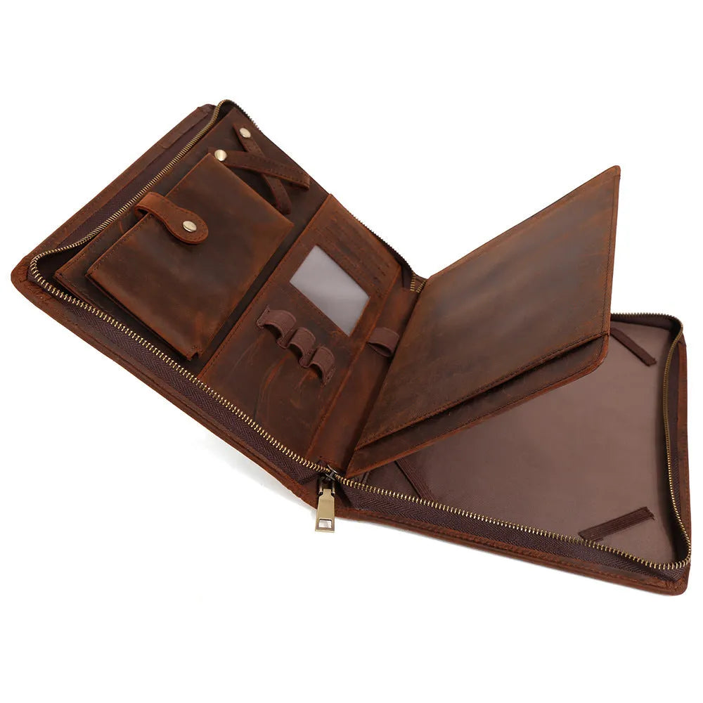 Genuine leather cowhide laptop protective case in brown with stitching and zipper closure