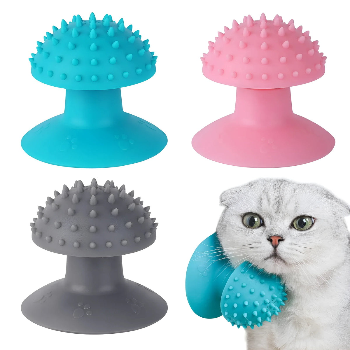 Wall-mounted cat self groomer in blue with brush head and catnip compartment for loose fur removal