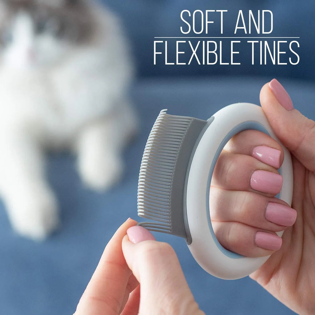 Blue pet grooming comb for cats and dogs with ergonomic handle for deshedding and dematting