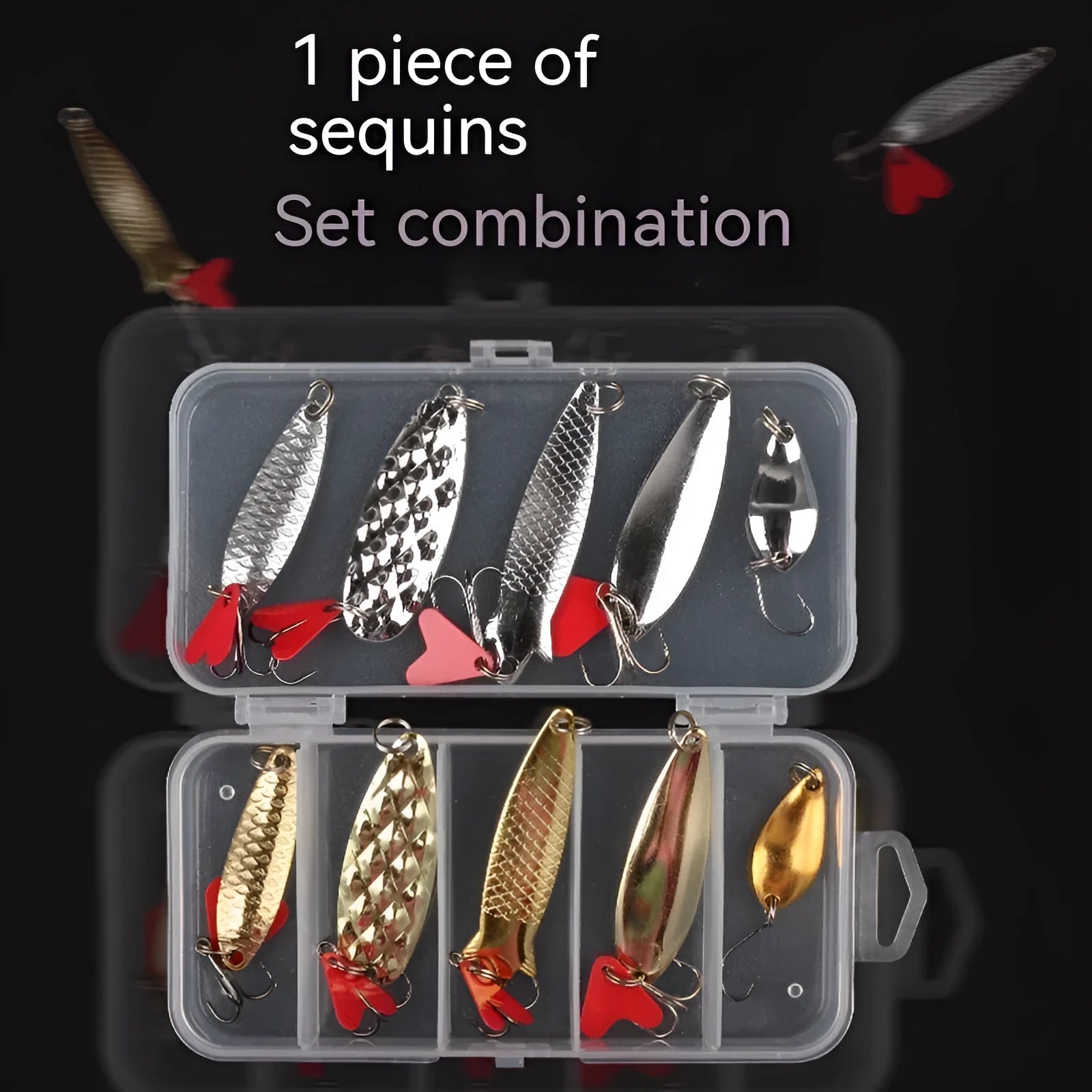 Three sets of metal sequin false baits in box iron packaging for lure fishing