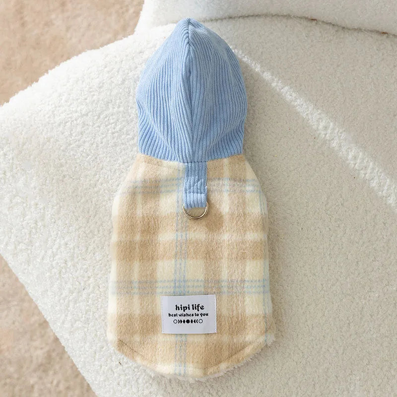Blue corduroy dog vest with chessboard grid pattern and hood, sized for medium dogs
