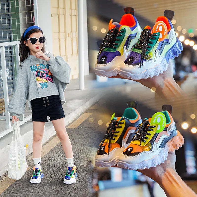 Children's colourblock wave bottom sneakers in blue or orange with PU upper, sizes 26 to 37