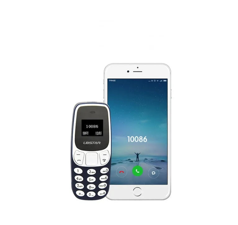 Miniature blue thumb phone with 0.66-inch OLED display, 68mm length, and keypad for dual SIM calling