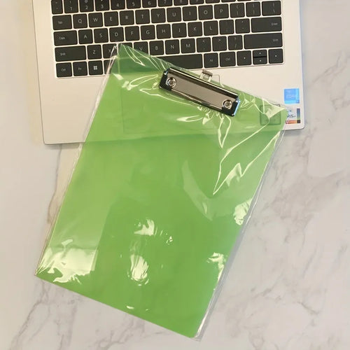 A4 transparent plate holder writing board with metal clip, shown in blue on a desk.