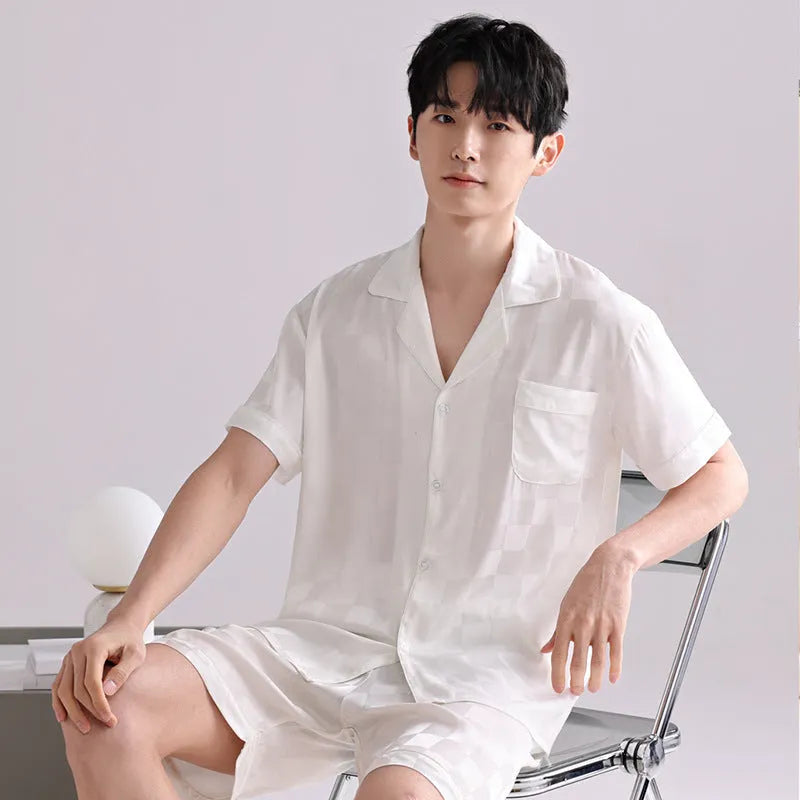 Men's lightweight ice silk pyjama set in black and white plaid pattern