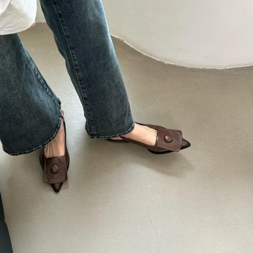 Women's pointed toe closed sandals with low heel and back strap in apricot colour