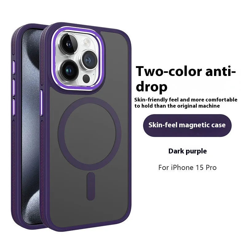 Magnetic frosted iPhone case with metal lens circle in black, blue, gray, and orange, shown on an iPhone.