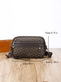Men's black PU leather messenger bag with geometric pattern, showing horizontal shoulder carry design