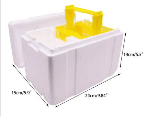 Three white EPS foam bee delivery boxes for beekeeping swarm capture and queen introduction.