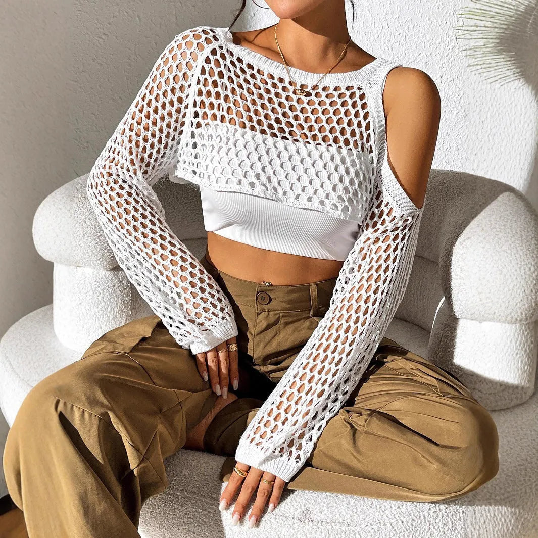 Mesh shirt with a hollowed design at the navel, shown in a selection of colours including army green and red.