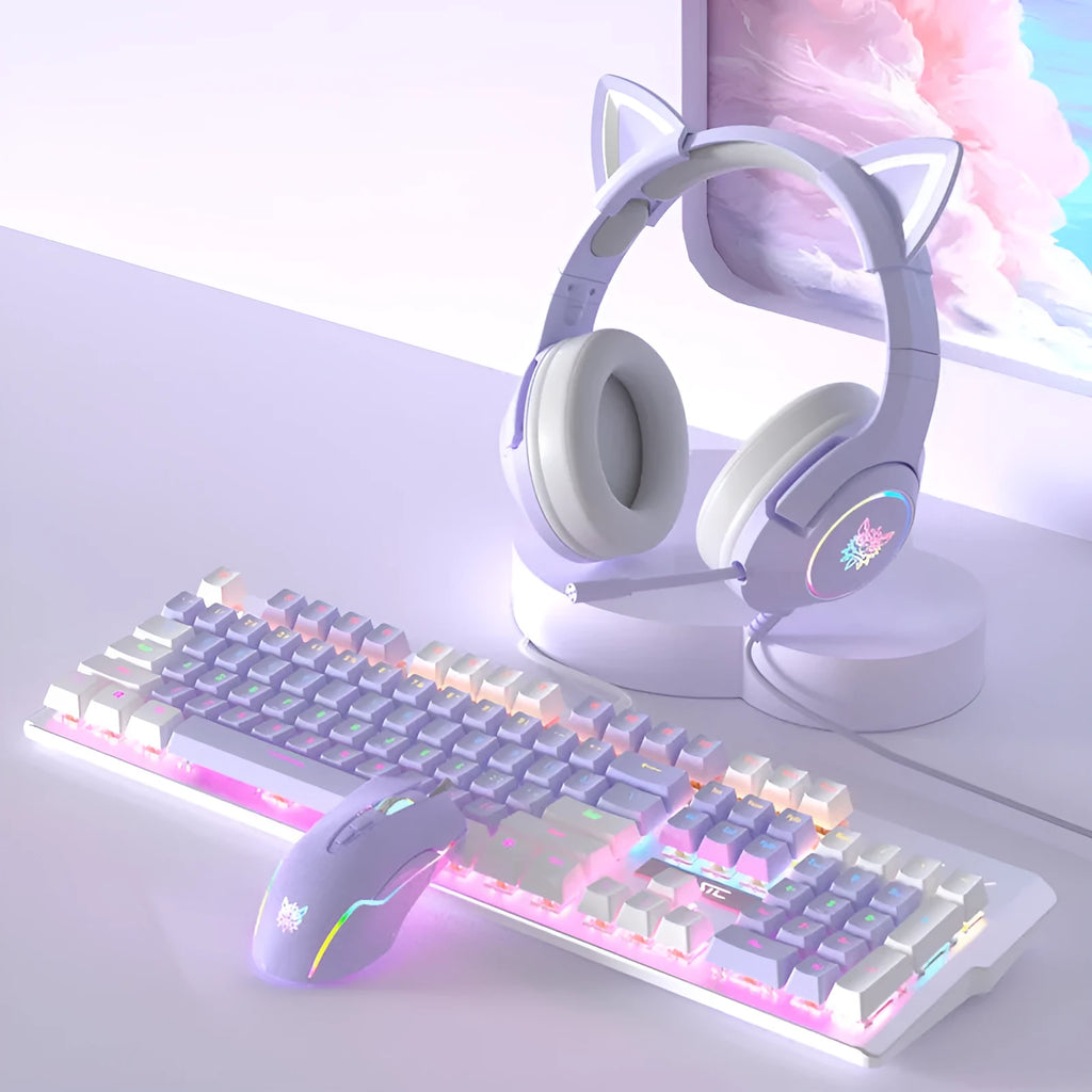 Purple and white mechanical keyboard and mouse set with matching headphones on desk
