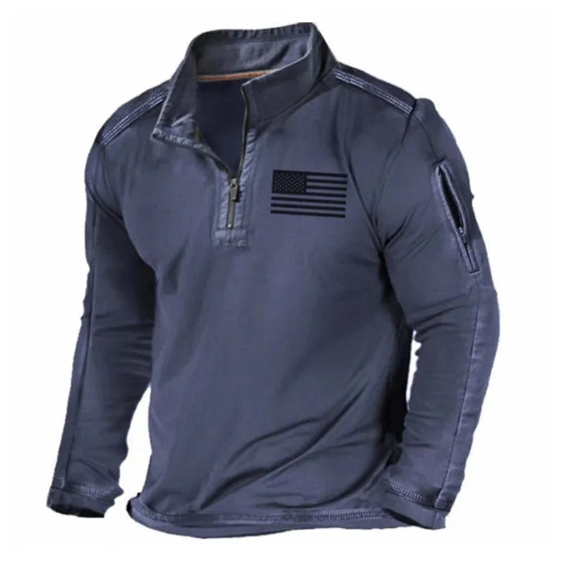 Men's grey zip-up stand collar long-sleeved sports sweater on a hanger.