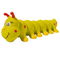 Yellow caterpillar-shaped rubber dog chew toy with squeaker for small medium dogs