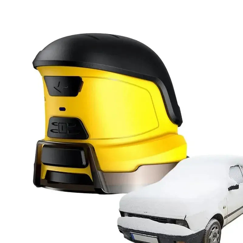 Yellow cordless electric snow scraper with ergonomic handle and removal window for car windscreen de-icing