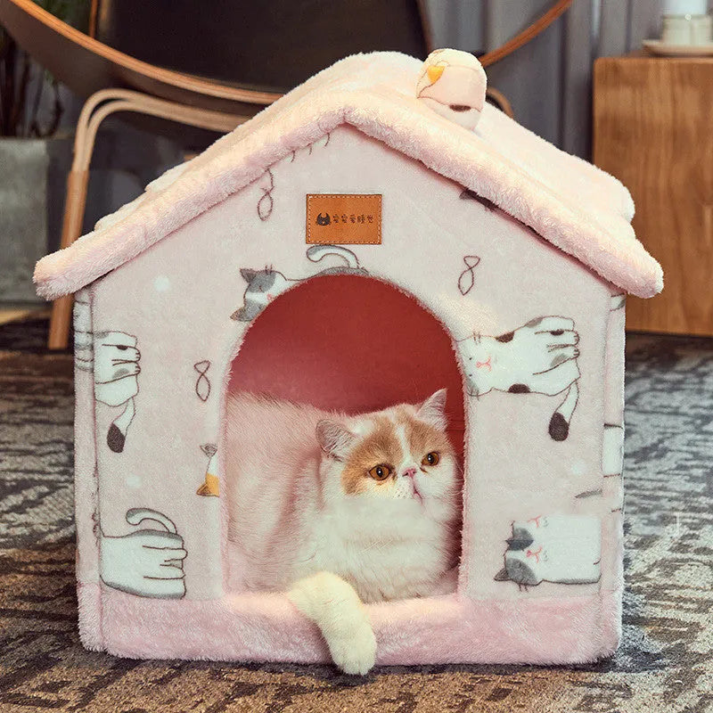 Removable washable closed dog house for small dogs and cats in brown rabbit plush