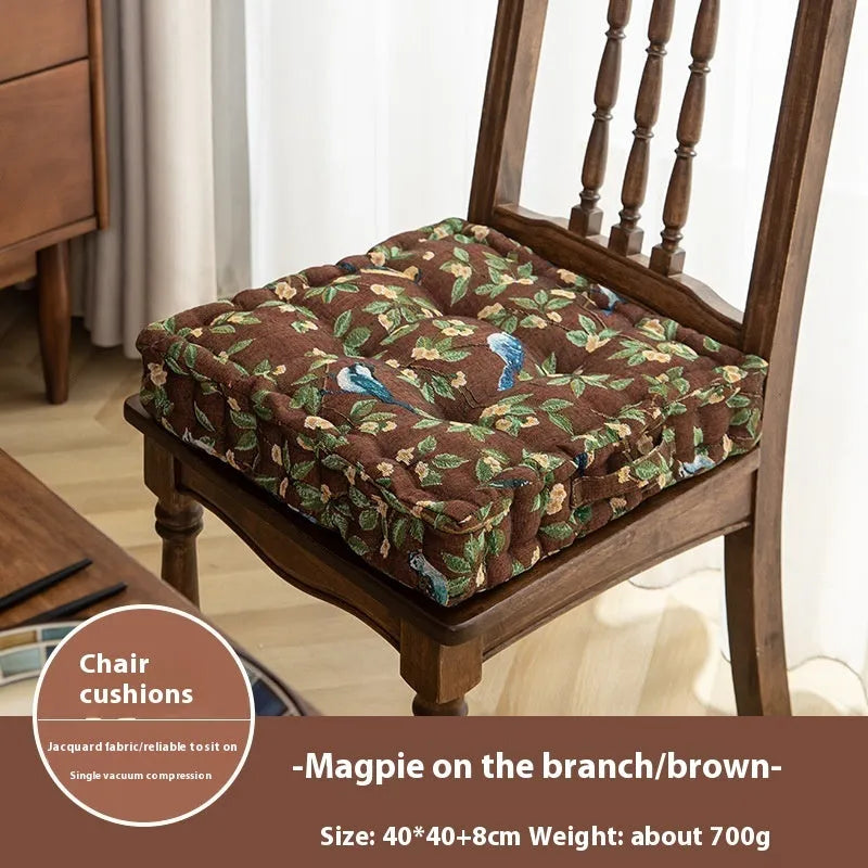 American style square dining chair cushion in apricot colour with floral bird pattern, showing 8cm thickness.
