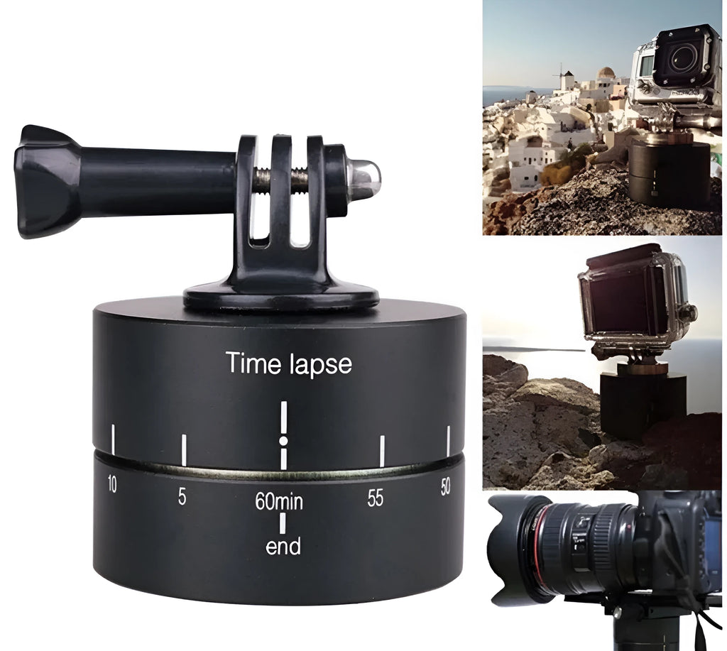 Auto-rotate 360-degree camera tripod head for GoPro and SLR timelapse photography on a tripod.