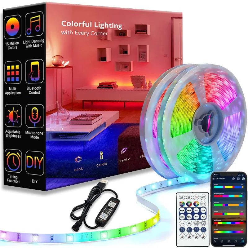 Magic colour 30m LED light strip with 5050 WS2812b beads, Bluetooth 28-key remote, for TV background and venue lighting