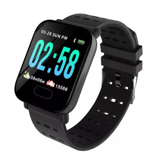 A6 smart bracelet with colour screen and silicone strap in black, blue, or orange options