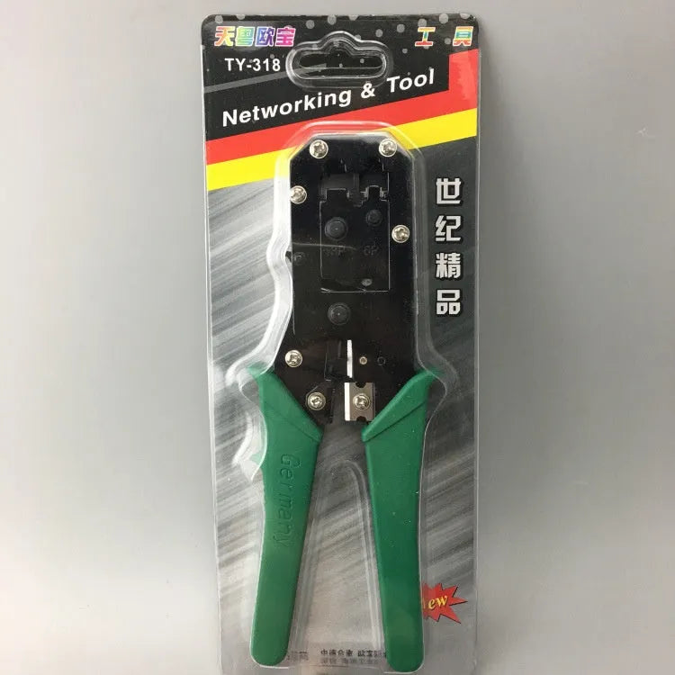 Dual-purpose crystal head net pliers with green plastic handle for crimping RJ45 connectors