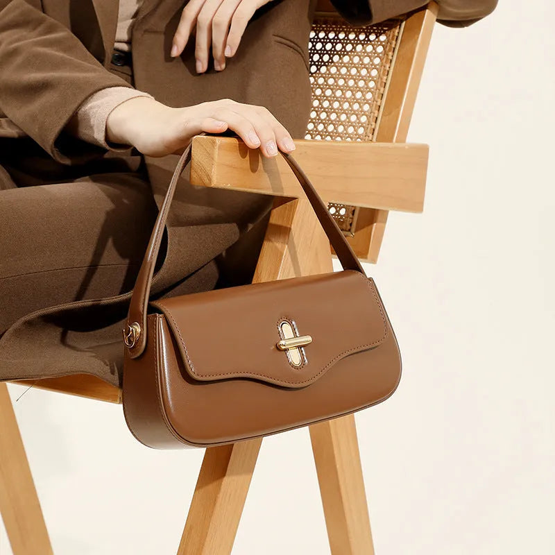 Moon baguette leather handbag in two-layer cowhide, 26 x 5.5 x 13 cm, clamshell shape, black wine red coffee caramel