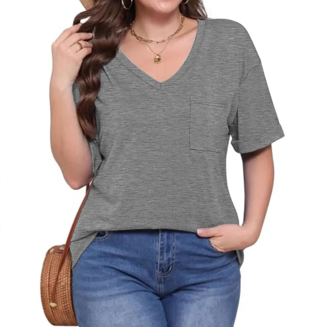 Grey loose fit men's V-neck T-shirt with a chest pocket on a solid background.