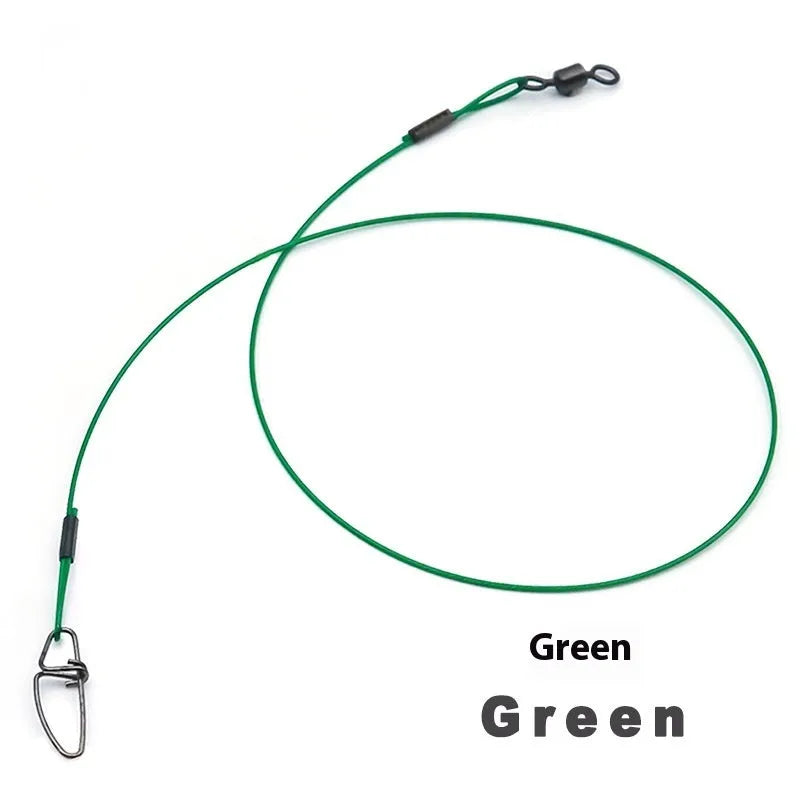 Anti-bite steel wire fishing gear accessories in green, black, and red colours with double buckle pins