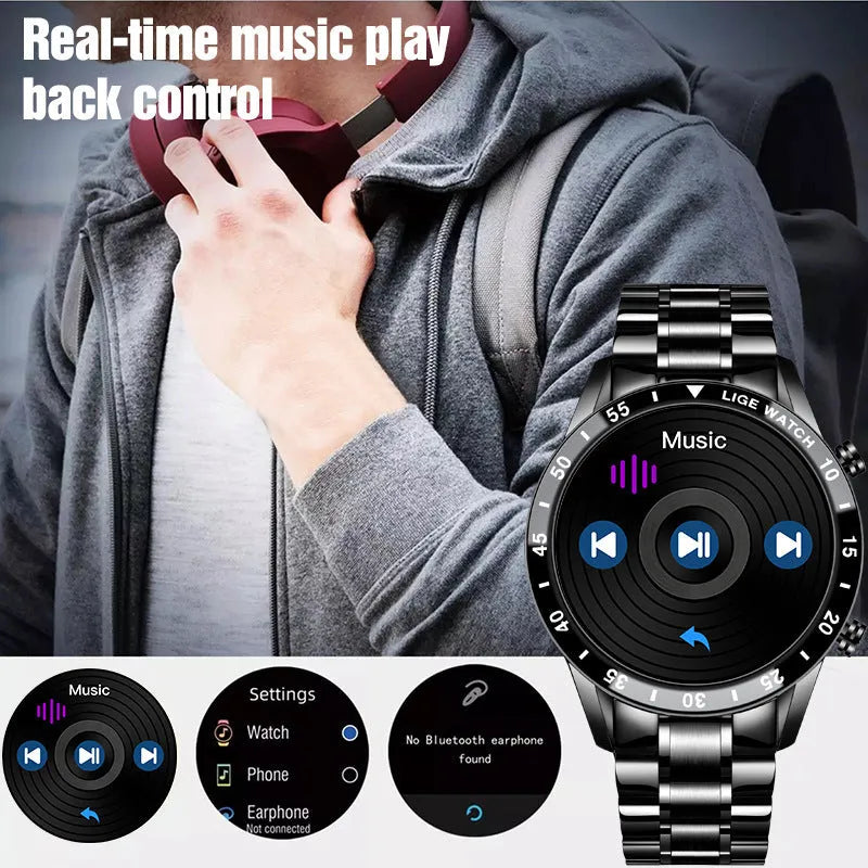 Smart pedometer watch with 1.3in touch screen, stainless steel wristband, 46mm dial, heart rate and blood oxygen detection.