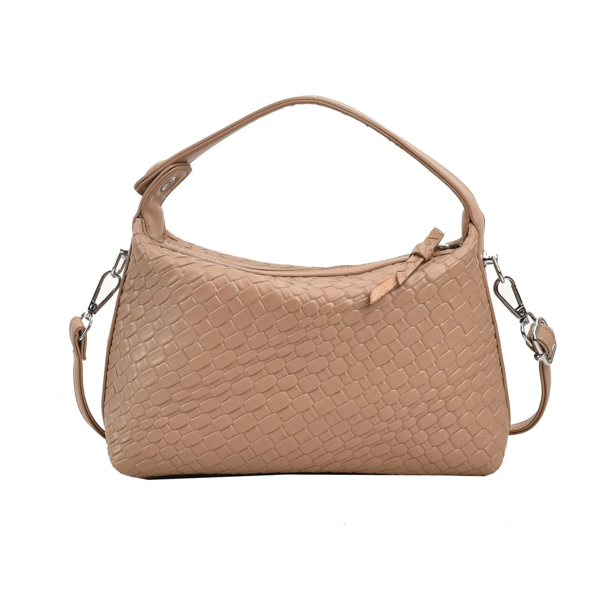 PU shoulder messenger bag in black with horizontal square shape, 23x15x8cm, single strap, sandwich pocket, and weaving details.