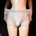 Men's ultra-thin transparent boxer underwear in six colour options showing lightweight nylon construction