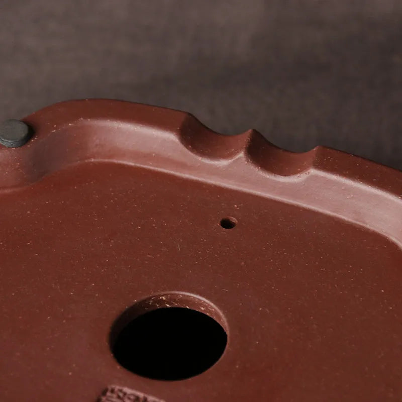 Handmade purple clay ceramic bonsai basin with classical Chinese styling showing dimensions