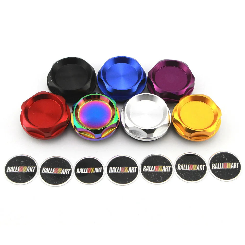 Aluminium alloy oil filter cap for some Mitsubishi models, shown in red, blue, gold, silver, black, and purple.
