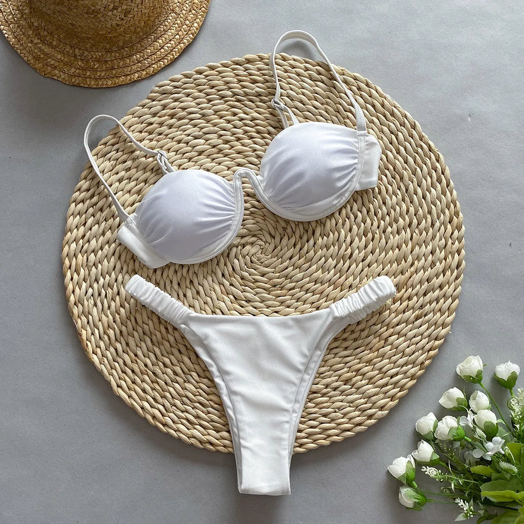Women's underwire bikini swimsuit in khaki colour with sleeveless briefs style